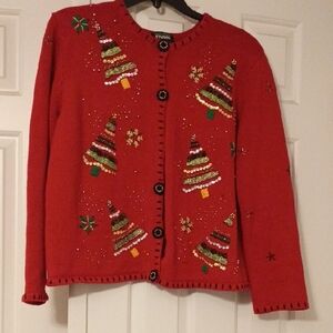 Beautiful Red Christmas Sweater With Seven Christmas Trees.